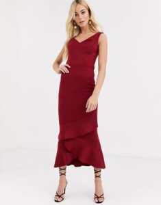True Violet Bardot Midaxi Dress With Frill Hem-Red