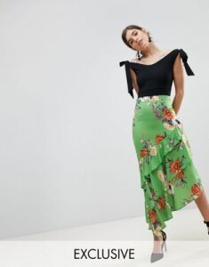 True Violet Pencil Skirt With Frill Hem In Floral Print-Multi
