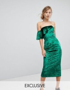 True Violet Velvet Midi Dress With Frill Detail-Green