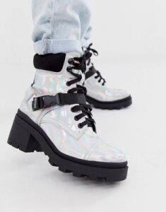 Truffle Collection irridescent lace up chunky military boot-Silver