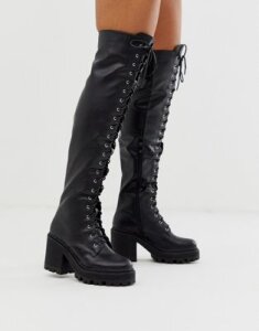 Truffle Collection over the knee chunky lace up boot-Black