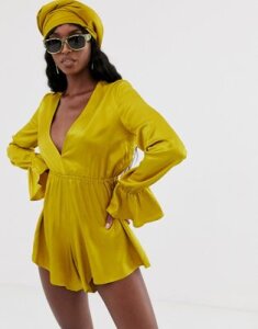 TTYA plunge front romper with fluted sleeve detail in rich yellow