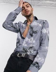 Twisted Tailor shirt with crane print in gray