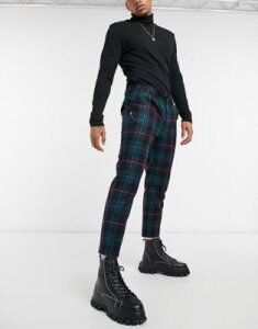 Twisted Tailor skinny cropped pants in tartan with pleats and pocket chain-Green