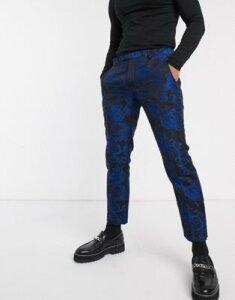 Twisted Tailor super skinny cropped suit pants with floral jaquard in blue