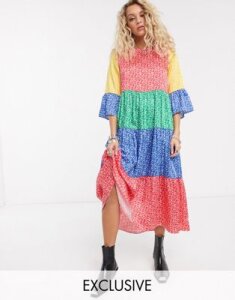 Twisted Wunder midaxi smock dress in color block-Multi