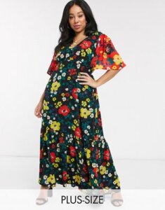 Twisted Wunder Plus printed maxi tea dress in multi floral with contrast sleeves