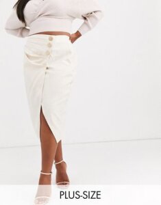 UNIQUE21 Hero Plus midi skirt with pleated button detail in light check-Cream