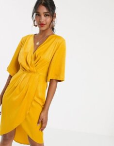 Unique21 luxe stain pleated wrap midi dress-Yellow