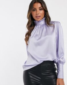 UNIQUE21 pussy bow blouse with deep cuffs in satin-Purple
