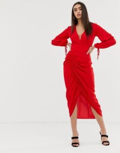 UNIQUE21 ruched front midi dress-Red