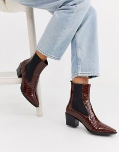 Vagabond Betsy leather kitten heel ankle boots in brown croc