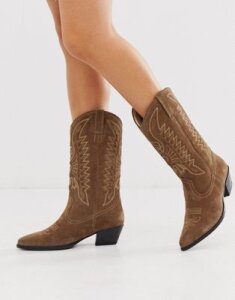 Vagabond Emily western knee high mid ankle boot in taupe suede-Beige