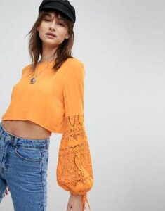 Vero Moda Crochet Sleeve Crop Top-Orange