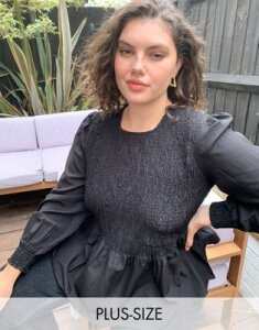 Vero Moda Curve shirred blouse with peplum in black