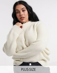 Vero Moda Curve sweater with roll neck and pearl trim in cream