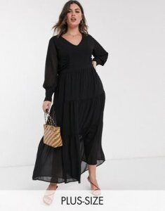 Vero Moda Curve tiered smock maxi dress with volume sleeve-Black