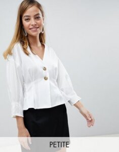 Vero Moda Petite button through gathered waist blouse-White