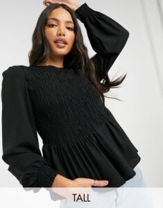 Vero Moda Tall shirred blouse with peplum in black