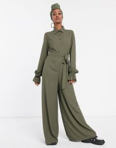 Verona long sleeve jumpsuit with frill sleeves in khaki-Green