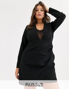 Vesper Plus mini dress with lace insert and wrap skirt in black