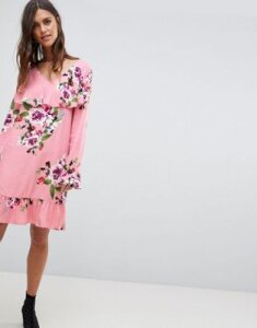 Vila Soft Floral Ruffle Midi Dress-Pink