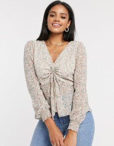 Vila top with ruched detail in floral-Multi