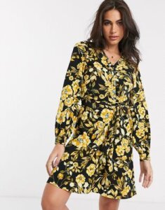 Vila wrap mini dress with belted waist in yellow floral-Black