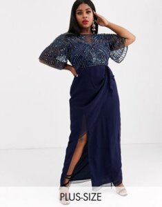 Virgos Lounge Plus ruched side detail with sheer overlay maxi dress in navy