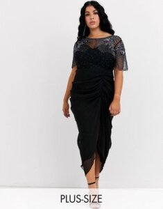 Virgos Lounge Plus ruched side detail with sheer overlay midi dress in black