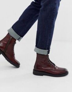 Walk London wolf lace up boots in burgundy leather-Red