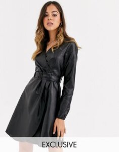 Wednesday's Girl belted wrap dress in faux leather-Black