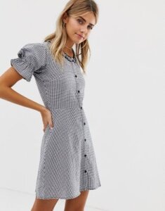 Wednesday's Girl button front skater dress with ruffle edge in gingham-Blue