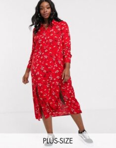 Wednesday's Girl Curve long sleeve shirt dress in floral print-Red