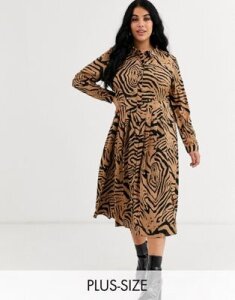 Wednesday's Girl Curve midi shirt dress with pleated skirt in animal print-Beige