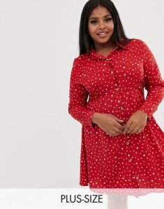 Wednesday's Girl Curve skater shirt dress in polka dot-Red
