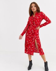 Wednesday's Girl long sleeve shirt dress in floral print-Red