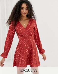 Wednesday's Girl long sleeve tea dress in polka dot-Red