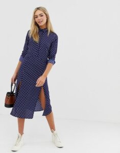 Wednesday's Girl midaxi shirt dress with front splits in polka dot-Multi