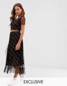 Wednesday's Girl midaxi skirt in ditsy floral mesh two-piece-Black