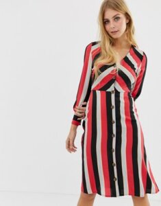 Wednesday's Girl midi tea dress with button front in diagonal stripe-Red
