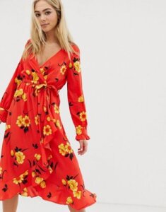 Wednesday's Girl midi wrap dress in floral print-Red