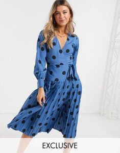 Wednesday's Girl midi wrap dress with pleated skirt in large scale spot-Blue