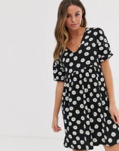 Wednesday's Girl mini smock dress in daisy polka dot-Black