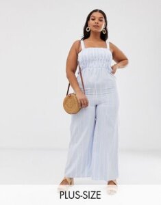 Wild Honey Plus jumpsuit with shirred bodice in stripe-Blue