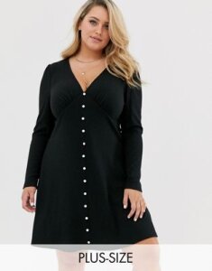 Wild Honey Plus long sleeve tea dress with faux pearl buttons-Black