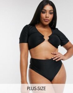 Wolf & Whistle Curve Exclusive t-shirt bikini top with ring detail in black texture