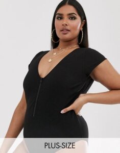 Wolf & Whistle Curve Exclusive zip front swimsuit with sleeves in black waffle