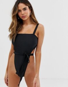 Wolf & Whistle Fuller Bust Exclusive Eco high leg belted swimsuit in black