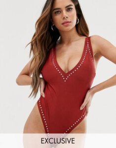 Wolf & Whistle Fuller Bust Exclusive Eco studded cut out swimsuit in red-Orange